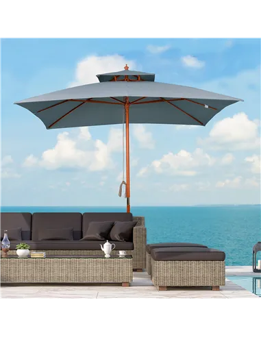 Outsunny 3 x 3 metre Patio Parasol Garden Umbrellas Sunshade Outdoor Wooden Parasol Canopy Double Tier, Dark Grey, BASE NOT INCL