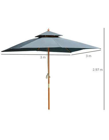 Outsunny 3 x 3 metre Patio Parasol Garden Umbrellas Sunshade Outdoor Wooden Parasol Canopy Double Tier, Dark Grey, BASE NOT INCL