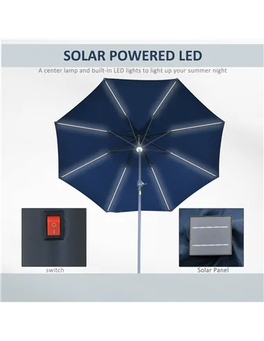 Outsunny 2.7m Garden Parasol Sun Umbrella w/ LED Solar Light Angled Canopy Blue