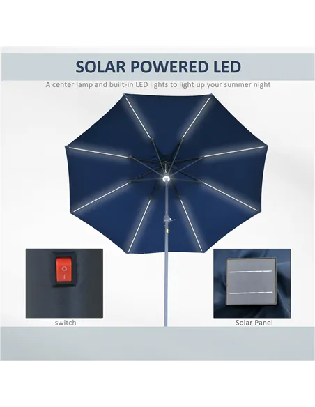 Outsunny 2.7m Garden Parasol Sun Umbrella w/ LED Solar Light Angled Canopy Blue