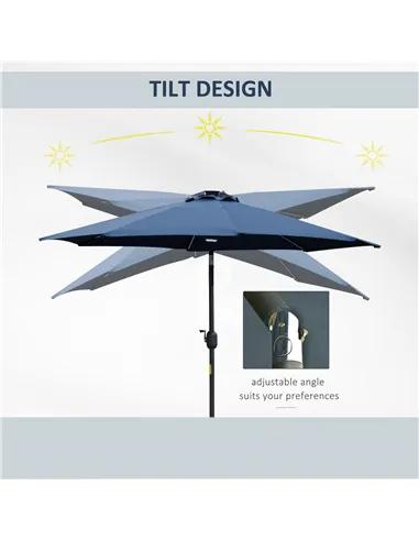 Outsunny 2.7m Garden Parasol Sun Umbrella w/ LED Solar Light Angled Canopy Blue