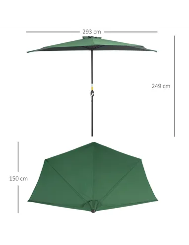 Outsunny 3(m) Half Parasol, Semi Round Umbrella with Metal Frame, Crank Handle for Balcony, Garden, Green