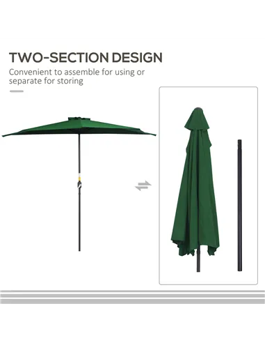 Outsunny 3(m) Half Parasol, Semi Round Umbrella with Metal Frame, Crank Handle for Balcony, Garden, Green