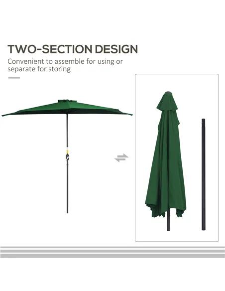 Outsunny 3(m) Half Parasol, Semi Round Umbrella with Metal Frame, Crank Handle for Balcony, Garden, Green