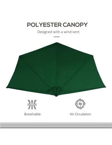 Outsunny 3(m) Half Parasol, Semi Round Umbrella with Metal Frame, Crank Handle for Balcony, Garden, Green