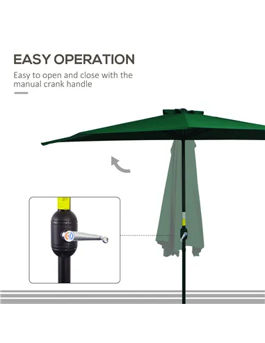 Outsunny 3(m) Half Parasol, Semi Round Umbrella with Metal Frame, Crank Handle for Balcony, Garden, Green