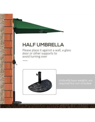 Outsunny 3(m) Half Parasol, Semi Round Umbrella with Metal Frame, Crank Handle for Balcony, Garden, Green