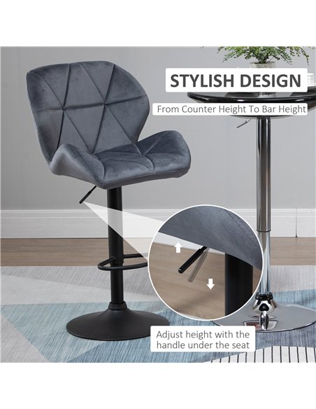 HOMCOM Adjustable Bar Stools Set of 2, Armless Upholstered Swivel Counter Chairs, Barstools with Back, Footrest, Dark Grey