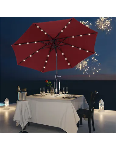 Outsunny Φ2.7m Garden 24 LED Light Parasol Solar Outdoor Tilt Sun Umbrella Patio Club Party Event Manual Sun Shade w/ Hand Crank