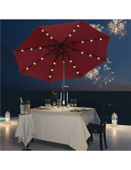 Outsunny Φ2.7m Garden 24 LED Light Parasol Solar Outdoor Tilt Sun Umbrella Patio Club Party Event Manual Sun Shade w/ Hand Crank