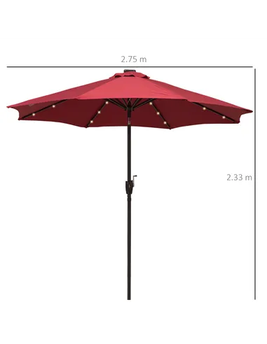 Outsunny Φ2.7m Garden 24 LED Light Parasol Solar Outdoor Tilt Sun Umbrella Patio Club Party Event Manual Sun Shade w/ Hand Crank