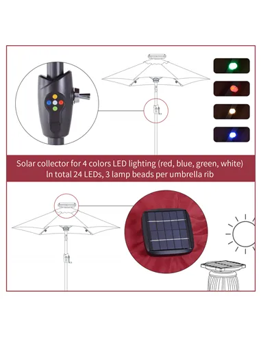 Outsunny Φ2.7m Garden 24 LED Light Parasol Solar Outdoor Tilt Sun Umbrella Patio Club Party Event Manual Sun Shade w/ Hand Crank