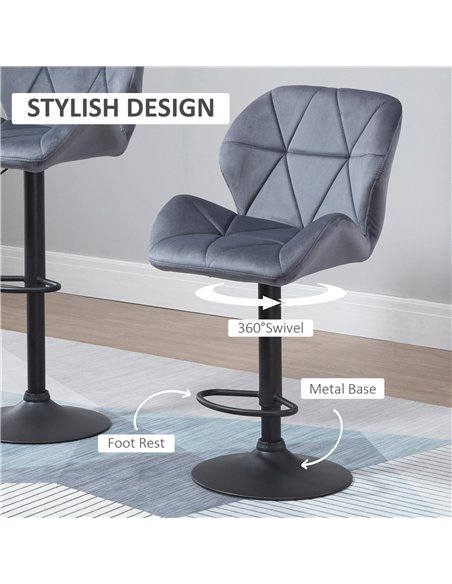 HOMCOM Adjustable Bar Stools Set of 2, Armless Upholstered Swivel Counter Chairs, Barstools with Back, Footrest, Dark Grey