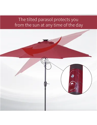 Outsunny Φ2.7m Garden 24 LED Light Parasol Solar Outdoor Tilt Sun Umbrella Patio Club Party Event Manual Sun Shade w/ Hand Crank