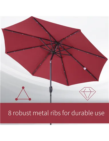 Outsunny Φ2.7m Garden 24 LED Light Parasol Solar Outdoor Tilt Sun Umbrella Patio Club Party Event Manual Sun Shade w/ Hand Crank