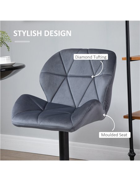 HOMCOM Adjustable Bar Stools Set of 2, Armless Upholstered Swivel Counter Chairs, Barstools with Back, Footrest, Dark Grey