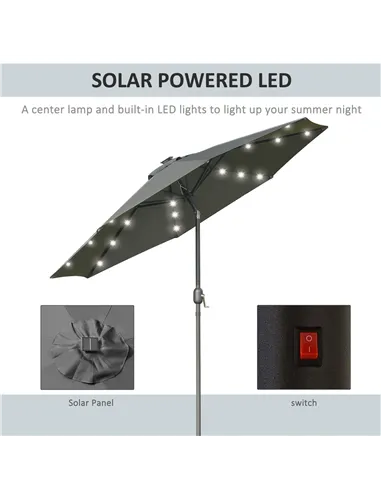 Outsunny 2.7m Patio Garden Umbrella Outdoor Parasol with Tilt Crank and 24 LEDs Lights (Grey)