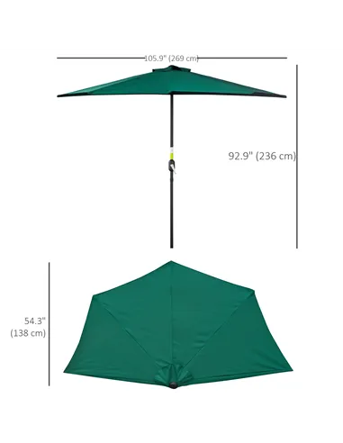 Outsunny 2.7m Garden Half Parasol, Outdoor Balcony Umbrella with 5 Steel Ribs, Patio Sun Shade, Green