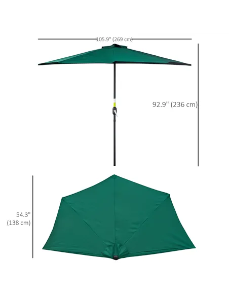 Outsunny 2.7m Garden Half Parasol, Outdoor Balcony Umbrella with 5 Steel Ribs, Patio Sun Shade, Green