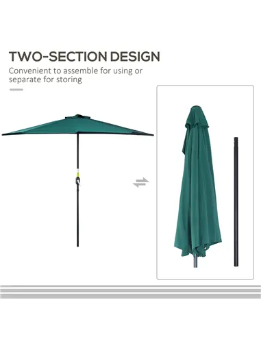 Outsunny 2.7m Garden Half Parasol, Outdoor Balcony Umbrella with 5 Steel Ribs, Patio Sun Shade, Green