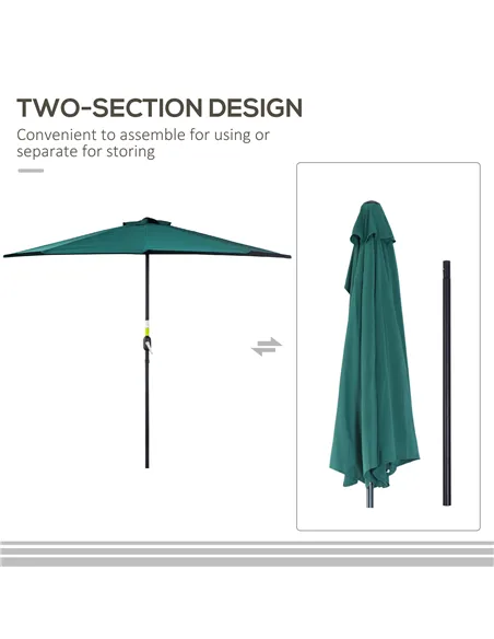 Outsunny 2.7m Garden Half Parasol, Outdoor Balcony Umbrella with 5 Steel Ribs, Patio Sun Shade, Green