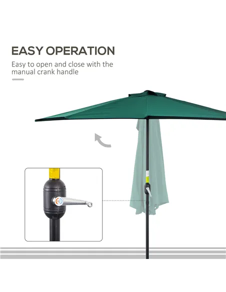 Outsunny 2.7m Garden Half Parasol, Outdoor Balcony Umbrella with 5 Steel Ribs, Patio Sun Shade, Green