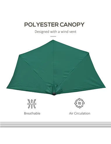Outsunny 2.7m Garden Half Parasol, Outdoor Balcony Umbrella with 5 Steel Ribs, Patio Sun Shade, Green