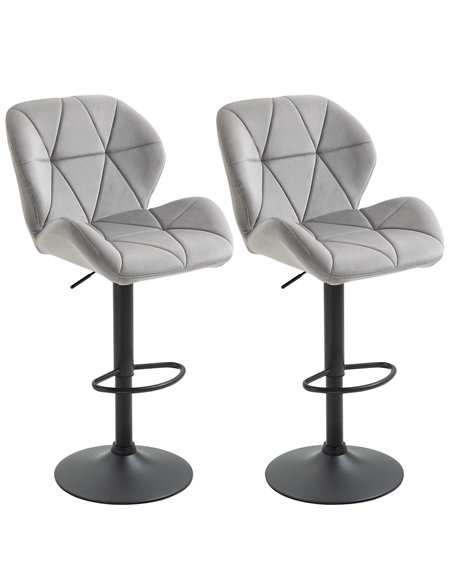 HOMCOM Adjustable Bar Stools Set of 2, Armless Upholstered Swivel Counter Chairs, Barstools with Back, Footrest, Light Grey