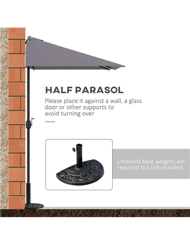Outsunny Balcony Half Parasol Semi Round Umbrella Patio Crank Handle (2.3 m, Grey)- NO BASE INCLUDED