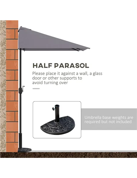 Outsunny Balcony Half Parasol Semi Round Umbrella Patio Crank Handle (2.3 m, Grey)- NO BASE INCLUDED