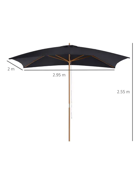 Outsunny 2 x 3m Wooden Garden Parasol Umbrella Outdoor Sun Shade Canopy, Black