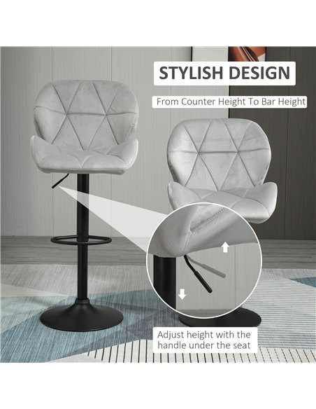 HOMCOM Adjustable Bar Stools Set of 2, Armless Upholstered Swivel Counter Chairs, Barstools with Back, Footrest, Light Grey