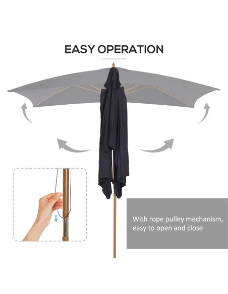 Outsunny 2 x 3m Wooden Garden Parasol Umbrella Outdoor Sun Shade Canopy, Black