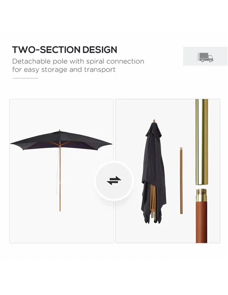 Outsunny 2 x 3m Wooden Garden Parasol Umbrella Outdoor Sun Shade Canopy, Black