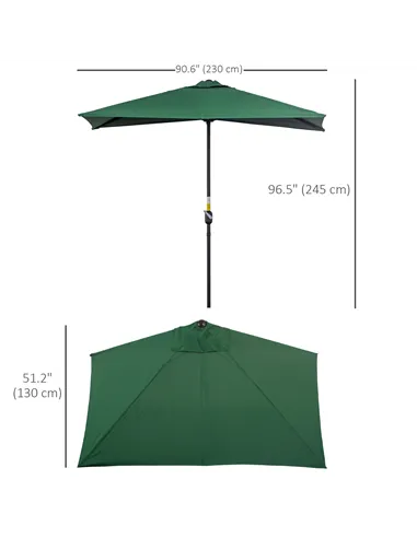 Outsunny Balcony Half Parasol Semi Round Umbrella Patio Crank Handle (2.3 m, Green)- NO BASE INCLUDED