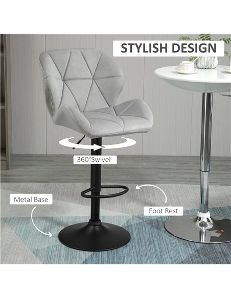 HOMCOM Adjustable Bar Stools Set of 2, Armless Upholstered Swivel Counter Chairs, Barstools with Back, Footrest, Light Grey