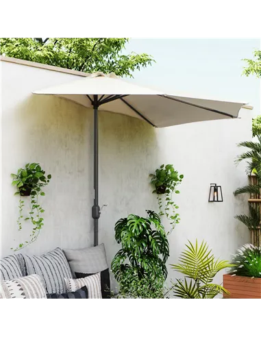 Outsunny 3(m) Half Parasol, Semi Round Umbrella with Metal Frame, Crank Handle for Balcony, Garden, Cream White