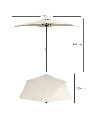 Outsunny 3(m) Half Parasol, Semi Round Umbrella with Metal Frame, Crank Handle for Balcony, Garden, Cream White