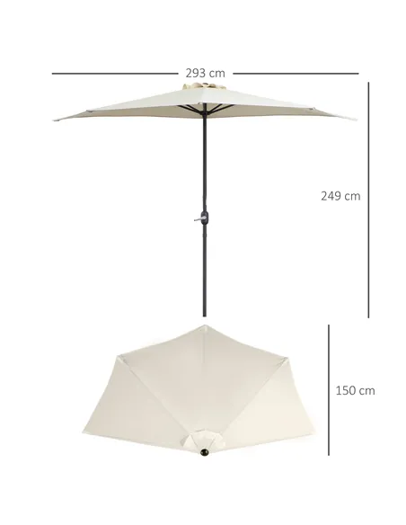 Outsunny 3(m) Half Parasol, Semi Round Umbrella with Metal Frame, Crank Handle for Balcony, Garden, Cream White