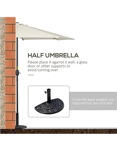 Outsunny 3(m) Half Parasol, Semi Round Umbrella with Metal Frame, Crank Handle for Balcony, Garden, Cream White
