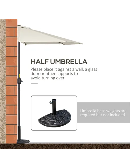 Outsunny 3(m) Half Parasol, Semi Round Umbrella with Metal Frame, Crank Handle for Balcony, Garden, Cream White