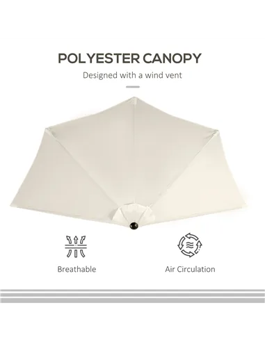 Outsunny 3(m) Half Parasol, Semi Round Umbrella with Metal Frame, Crank Handle for Balcony, Garden, Cream White
