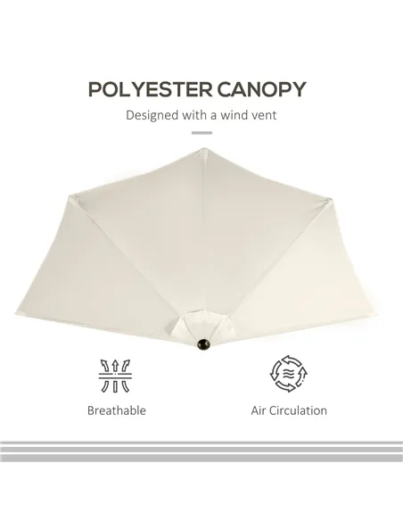 Outsunny 3(m) Half Parasol, Semi Round Umbrella with Metal Frame, Crank Handle for Balcony, Garden, Cream White
