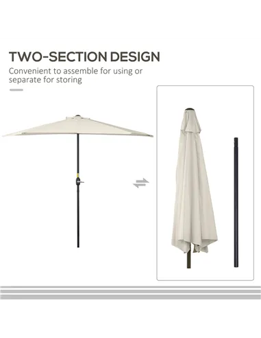Outsunny 3(m) Half Parasol, Semi Round Umbrella with Metal Frame, Crank Handle for Balcony, Garden, Cream White