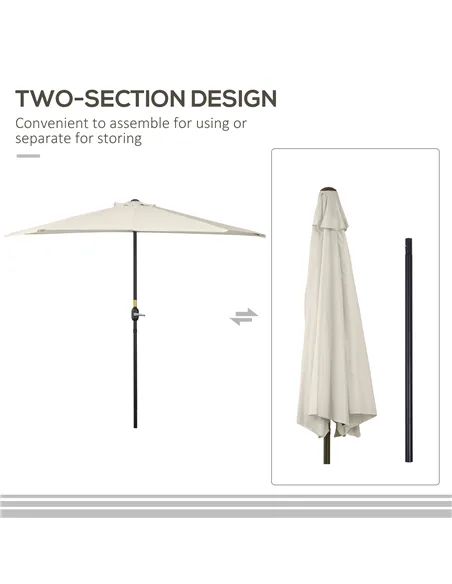 Outsunny 3(m) Half Parasol, Semi Round Umbrella with Metal Frame, Crank Handle for Balcony, Garden, Cream White