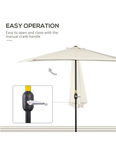 Outsunny 3(m) Half Parasol, Semi Round Umbrella with Metal Frame, Crank Handle for Balcony, Garden, Cream White