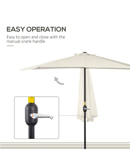Outsunny 3(m) Half Parasol, Semi Round Umbrella with Metal Frame, Crank Handle for Balcony, Garden, Cream White