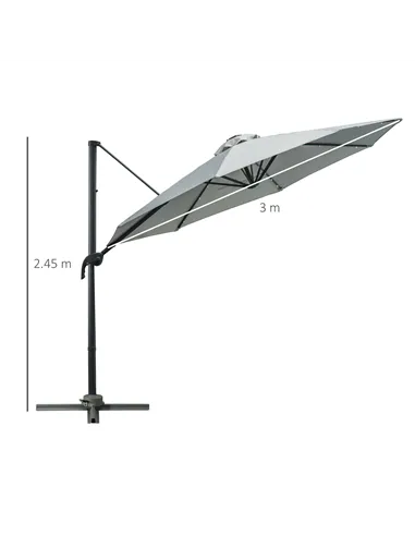 Outsunny 3(m) LED Cantilever Parasol Garden Sun Umbrella w/ Cross Base and Solar Lights Grey