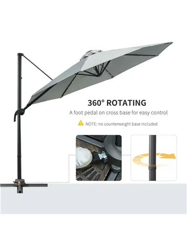 Outsunny 3(m) LED Cantilever Parasol Garden Sun Umbrella w/ Cross Base and Solar Lights Grey
