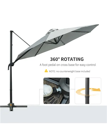 Outsunny 3(m) LED Cantilever Parasol Garden Sun Umbrella w/ Cross Base and Solar Lights Grey